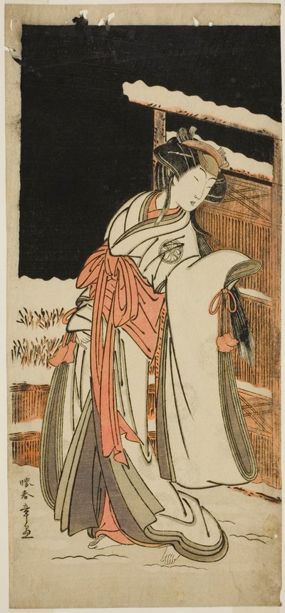 الممثل Segawa Kikunojo III في دور Lady Shizuka (Shizkua Gozen) متنكرا في زي Tamazusa في مسرحية Chigo Torii Tobiiri Kitsune ، تم أداؤه في مسرح Ichimura في الشهر الحادي عشر ، 1777 بواسطة كاتسوكاوا شونشو