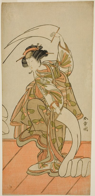 الممثل Segawa Kikunojo III بدور المحظية Kisegawa في رقصة "Nuno Sarashi" ، في مسرحية Hana-zumo Genji Hiiki ، تم عرضها في مسرح ناكامورا في الشهر الحادي عشر ، 1775 بواسطة كاتسوكاوا شونشو