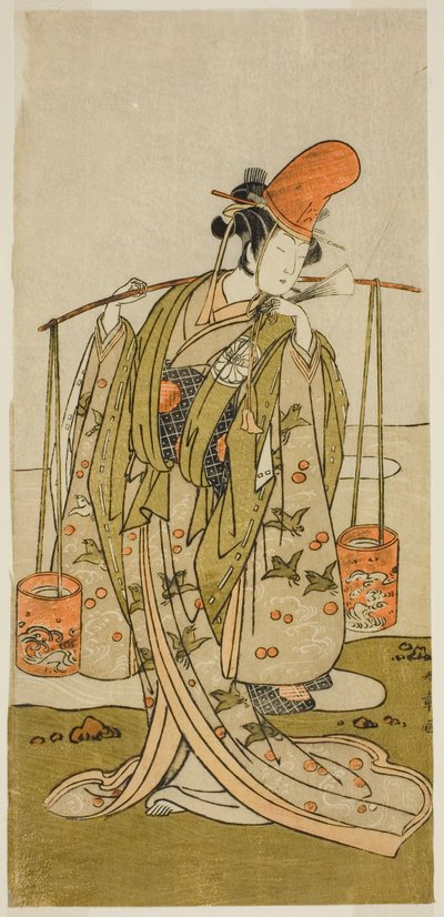 الممثل Segawa Kitsuji III في دور Murasame في مسرحية Gohiiki Kanjincho ، تم أداؤه في مسرح Nakamura في الشهر الحادي عشر ، 1773 بواسطة كاتسوكاوا شونشو