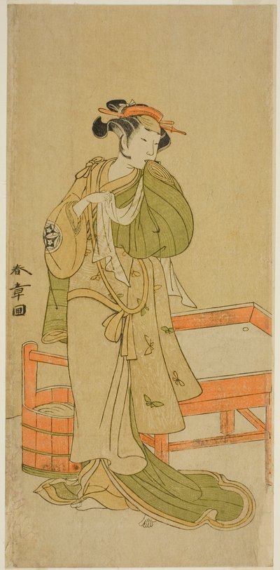 الممثل Yamashita Kinsaku II في دور Moshio في مسرحية Izu-goyomi Shibai no Ganjitsu ، تم أداؤه في مسرح موريتا في الشهر الحادي عشر ، 1772 بواسطة كاتسوكاوا شونشو