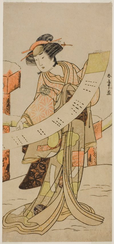 الممثل Yamashita Kinsaku II بدور Naoe في مسرحية Tsuma Mukae Koshiji no Fumizuki ، تم عرضه في مسرح ناكامورا في الشهر الثامن ، 1780 بواسطة كاتسوكاوا شونشو