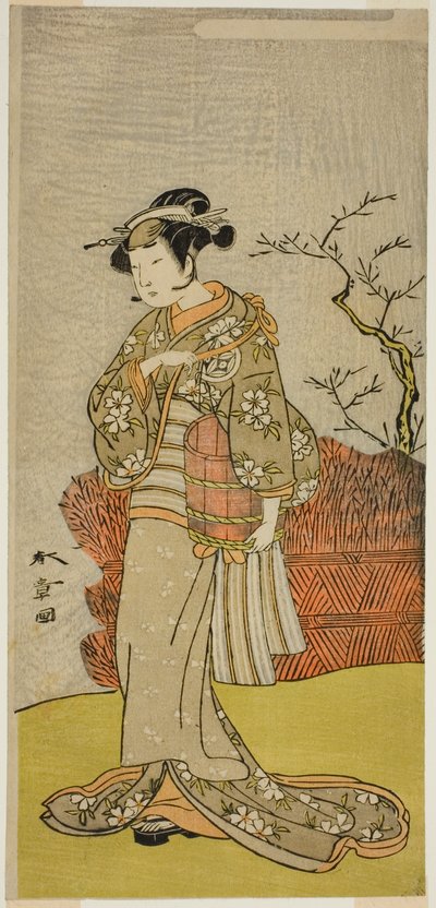 الممثل Yamashita Kinsaku II بدور Osaku (؟) في مسرحية Onna Aruji Hatsuyuki no Sekai ، تم عرضه في مسرح موريتا في الشهر الحادي عشر ، 1773 بواسطة كاتسوكاوا شونشو