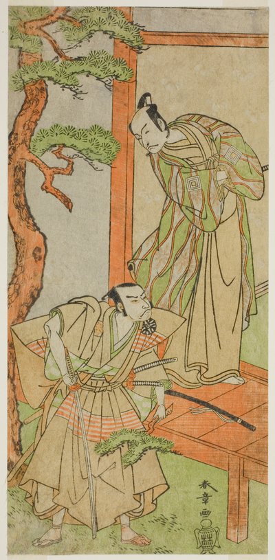 الممثلان Ichikawa Danjuro V في دور Momonoi Wakasanosuke (يمين) ، و Nakamura Nakazo I في دور Kakogawa Honzo (يسار) ، في مسرحية Kanadehon Chushingura ، تم أداؤها في مسرح ناكامورا في الشهر الخامس ، 1771 بواسطة كاتسوكاوا شونشو