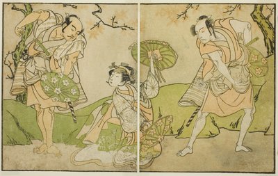 الممثلون Ichikawa Somegoro (يمين) ، Segawa Kikunojo II (في الوسط) ، و Bando Sampachi (على اليسار) ، في أدوار غير محددة في مسرحية Myoto-giku Izu no Kisewata ، تم أداؤها في مسرح Ichimura في الشهر الحادي عشر ، 1770 بواسطة كاتسوكاوا شونشو