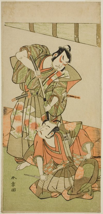 الممثلان Ichikawa Yaozo II بدور Konoshita Hyokichi (؟) (يمين) ، و Sakata Hangoro II في دور Matsunaga Daizen Hisahide (؟) (يسار) ، في مسرحية Gion Sairei Shinko Ki (؟) ، Perfomred في مسرح Ichimura (؟) في الشهر الخامس 1775 (؟) بواسطة كاتسوكاوا شونشو