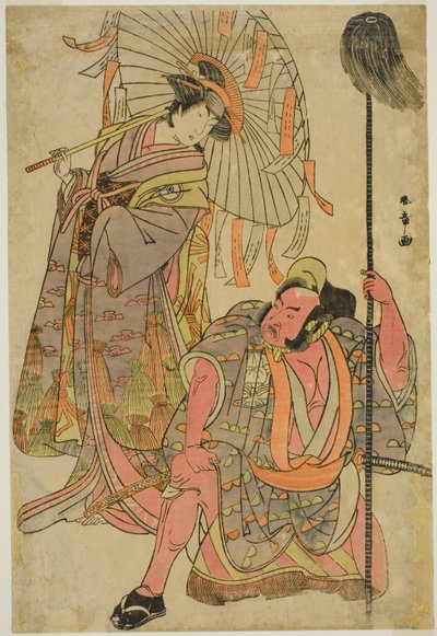 الممثلان Ichimura Uzaemon IX في دور Hata no Daizen Taketora متنكرًا في زي Yakko Matahei (يمين) ، وإيواي هانشيرو الرابع في دور Umegae متنكر في زي Poem-Diviner Omatsu (يسار) ، في مسرحية Mukashi Otoko Yuki no Hinagata ، تم عرضها في مسرح Ichimura في t بواسطة كاتسوكاوا شونشو