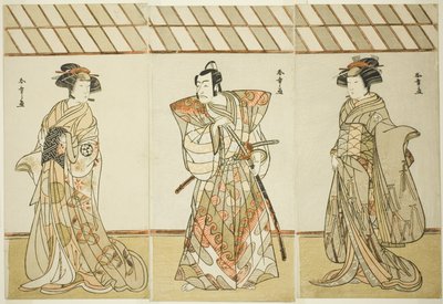 الممثلون Onoe Tamizo I بدور Nishikigi (؟) أو Otae (؟) (على اليمين) ، Ichikawa Danjuro V في دور Miura Heidayu Kunitae (؟) (في الوسط) ، و Osagawa Tsuneyo II بدور Oyuki (؟) (يسار) ، في تاريخ المسرحية Nishiki Tsui noita Yumitori (؟) بواسطة كاتسوكاوا شونشو