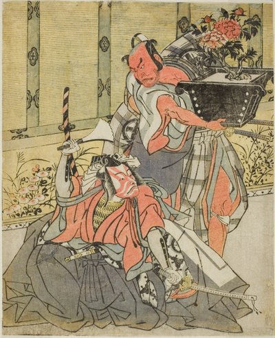 الممثلان Otani Hiroemon III بدور Shinagawa Okaminosuke (على اليمين) ، و Ichikawa Danjuro V في دور Arashishi Otokonosuke (على اليسار) ، في مسرحية Fuki Kaete Tsuki mo Yoshiwara (Rethatched Roof: The Moon أيضًا يضيء فوق منطقة Yoshiwara Pleasure) ، تم أداؤها ف بواسطة كاتسوكاوا شونشو