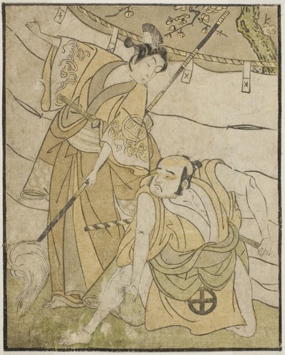 الممثلان Otani Tomoemon I في دور Emohei (على اليمين) ، و Sanogawa Ichimatsu II في دور Sanada Yoichi (على اليسار) ، في مسرحية Myoto-giku Izu no Kisewata ، تم عرضها في مسرح Ichimura في الشهر الحادي عشر ، 1770 بواسطة كاتسوكاوا شونشو