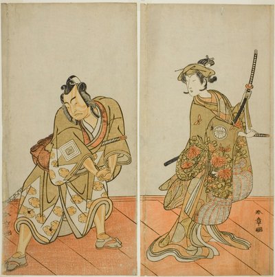 The Actors Segawa Kikunojo III as Aigo no Waka (right), and Ichikawa Yaozo II as Hachio-maru Aratora (left), in the Play Chigo Sakura Jusan Kane, Performed at the Ichimura Theater in the Eleventh Month, 1774 بواسطة كاتسوكاوا شونشو