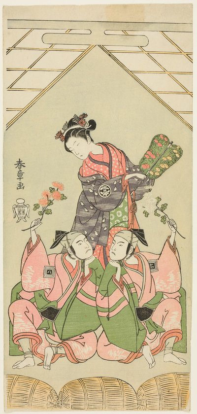 الممثلين Segawa Kikunojo II بدور الممرضة الرطبة Reizei ، Ichikawa Komazo I في دور Suruga no Hachiro في مظهر Shamisen Player Kichiroku (على اليمين) ، و Ichikawa Yaozo II في دور Tada no Kurando في مظهر حامل Palanquin Kichinai (على اليسار) ، في المشهد بواسطة كاتسوكاوا شونشو