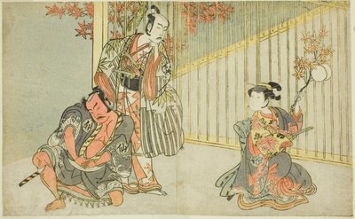 الممثلون Yamashita Kinsaku II بدور Mutsuhana (يمين) ، Bando Mitsugoro I في دور Kashiwagi no Emon (في الوسط) ، و Nakamura Sukegoro II في دور Akamatsu Mushanosuke (يسار) ، في مسرحية Fuki Kaete Tsukimo Yoshiwara (Rethatched Roof: The Moon Shine Over Over) الي بواسطة كاتسوكاوا شونشو