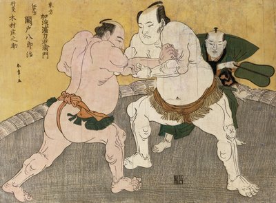 مباراة المصارعة بين Kimenzan Tanigoro و Edogasaki Gemji (طباعة خشبية ملونة) بواسطة كاتسوكاوا شونشو