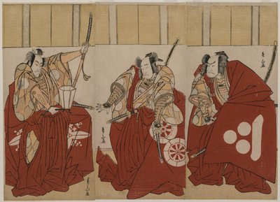 Ichikawa Monnosuke II في دور Urabe Suetake ، و Onoe Matsusuke I في دور Usui Sadamitsu ، و Nakamura Nakazo I في دور Watanabe no Tsuna في The Four Heavenly Kings Costumed as the Night Watch بواسطة كاتسوكاوا شونزان