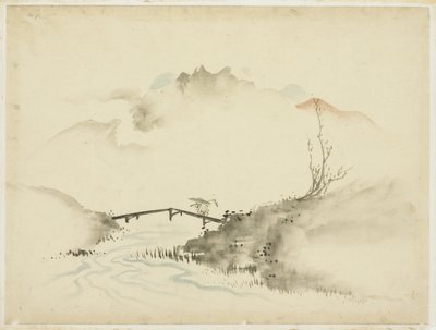 منظر طبيعي مع جسر عبور المزارعين ، 1615-1868 (حبر ولون على ورق) بواسطة كاتسوشيكا (مدرسة) هوكوساي