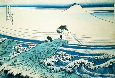 "صياد يقف على رعن صخري في كاجيكازاوا في مقاطعة كاي" ، من سلسلة "36 Views of Mt.Fuji" ، الحانة. c.1830-31 ، بواسطة كاتسوشيكا هوكوساي