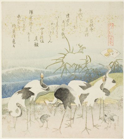رافعات بجانب الشاطئ ، رسم توضيحي لـ The Leg Shell (Ashigai) ، من سلسلة "A Matching Game with Genroku-period Poem Shells (Genroku kasen kai awase)" بواسطة كاتسوشيكا هوكوساي