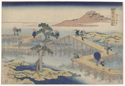 جسر متعرج في مقاطعة ميكاوا Mikawa no yatsuhashi no kozu (العنوان على الجسم) مناظر للجسور الشهيرة في المقاطعات (عنوان السلسلة) Shokoku meikyo kiran (العنوان على الجسم) بواسطة نيشيمورا يوهاتشي