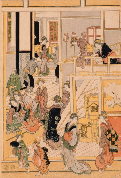 يوم رأس السنة الجديدة في Teahouse Ogi-ya. c.1810 (طباعة كتل خشبية ملونة) (للاطلاع على المجموعة ، انظر 277796-277798) بواسطة كاتسوشيكا هوكوساي