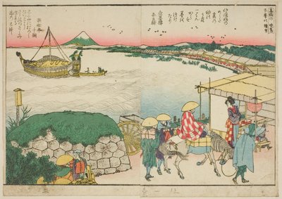 صفحات من الكتاب المصور "مناظر بانورامية على طول ضفاف نهر سوميدا (Ehon Sumidagawa ryogan ichiran)" بواسطة كاتسوشيكا هوكوساي