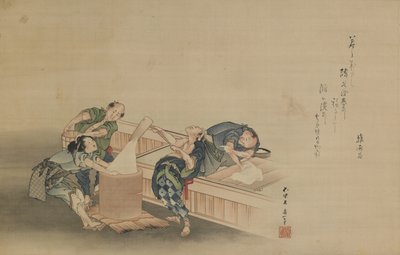 قصف الأرز لـ Mochi ، نقش بواسطة Momomoto Hinamaro ، فترة Edo ، c.1822 (حبر و لون على الحرير مثبت على شكل لفائف معلقة) بواسطة كاتسوشيكا هوكوساي