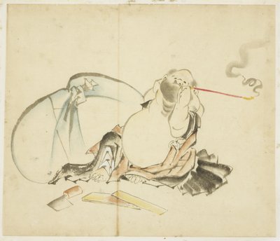 Hotei جالسًا يدخن أنبوبًا ، كاليفورنيا. 1815-1849 (حبر ولون على ورق) بواسطة كاتسوشيكا هوكوساي
