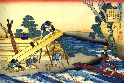 Serie de cent poetes: "Harumichi no Tsubaki" "Charpentiers au travail - Estampe de Katsushika Hokusai (1760-1849) (ecole ukiyo-e) مقابل 1830 State Hermitage Saint Petersbourg بواسطة كاتسوشيكا هوكوساي