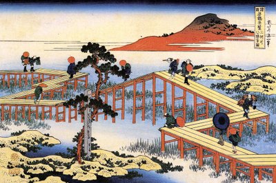 سلسلة من المناظر الرائعة للجسور من مقاطعات مختلفة: جسر Yatsuhashi في مقاطعة Mikawa ، اليابان - طباعة بواسطة Katsushika Hokusai (1760-1849) (مدرسة ukiyo-e) 1835 State Hermitage Saint Petersburg Russia بواسطة كاتسوشيكا هوكوساي