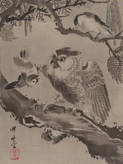 بومة استهزأ بها طيور صغيرة ، كاليفورنيا. 1887. بواسطة كوانابي كيوساي
