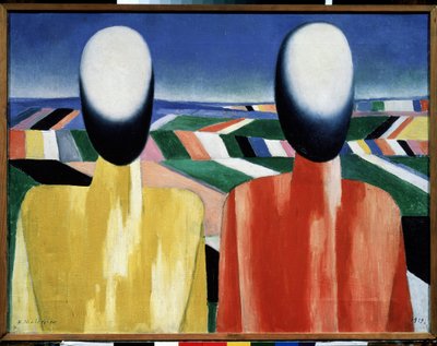 الفلاحون (الفلاحون). رأسان مجهولي الوجه أمام منظر طبيعي من الحقول المزروعة. رسم لكاسيمير سيفرينوفيتش ماليفيتش (ماليفيتش ، ماليفيتش) (1878-1935) ، زيت على قماش ، حوالي عام 1930. الفن الروسي ، الطليعة ، القرن العشرين ، التفوق. الدولة الروسية موسى بواسطة كازيمير سيفرينوفيتش ماليفيتش