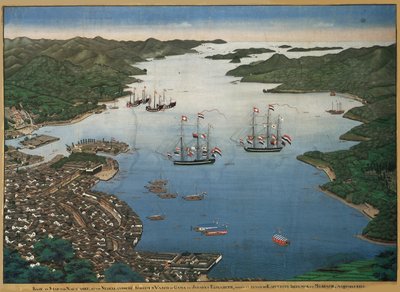 جزيرة ديشيما في خليج ناغازاكي مع السفينتين فاسكو دا جاما وجونا ... ، حوالي عام 1825. بواسطة كيجا كاوهارا