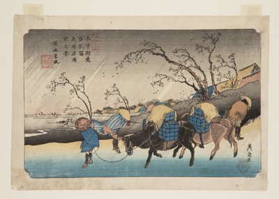 رقم 20 ، محطة Kutsukake: مطر على سهل Hiratsuka (Kutsukake no eki، Hiratsuka hara uch؟ No kei) (طباعة بالألوان الخشبية) بواسطة الحديد Keisai