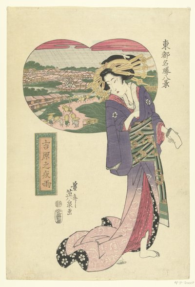 زخات مطر ليلية في نهر يوشيوارا Yoshiwara no yau (العنوان على الكائن) ثمانية مناظر مشهورة لإيدو (عنوان المسلسل) توتو ميشو هكي (عنوان المسلسل على الكائن) بواسطة الحديد Keisai