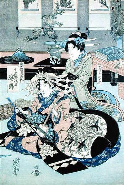 سيدتان جالستان ، واحدة تعزف على Samisen (طباعة خشبية) بواسطة كيساي ييسن