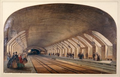 من الداخل لمحطة بيكر ستريت تظهر منصات وقطار يقترب ، لندن ، c1865 بواسطة كيل إخوان