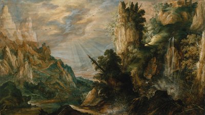 المناظر الطبيعية الجبلية مع شلال ، كاليفورنيا. 1600. بواسطة Kerstiaen de Keuninck