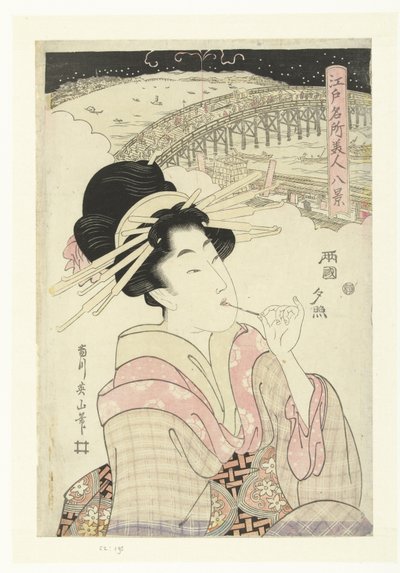توهج المساء في Ryogoku Ryogoku no sekisho (العنوان على الكائن) ثمانية مناظر لأماكن مشهورة وجمالها في إيدو (عنوان المسلسل) ايدو ميشو بيجين هكي (عنوان المسلسل) بواسطة سانويا كيهي