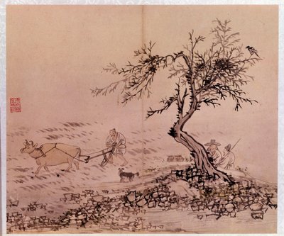 الفن الأساسي: مشهد الحرث. مطبوعات بواسطة Kim Hong-do (Kim Hong Do) أو Danwon (1745-CA 1806) بواسطة كيم هونغ دو.