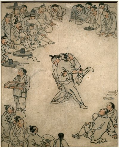 مشهد مصارعة تقليدية مع متفرج وبائع حلويات. لوحة لدانون (كيم هونغدو) (1745-1806) ، حبر على ورق ، فن كورين ، فترة جوسون (تشوسون) من القرن الثامن عشر. المتحف الوطني الكوري ، سيول (كوريا الجنوبية). بواسطة كيم هونغ دو.