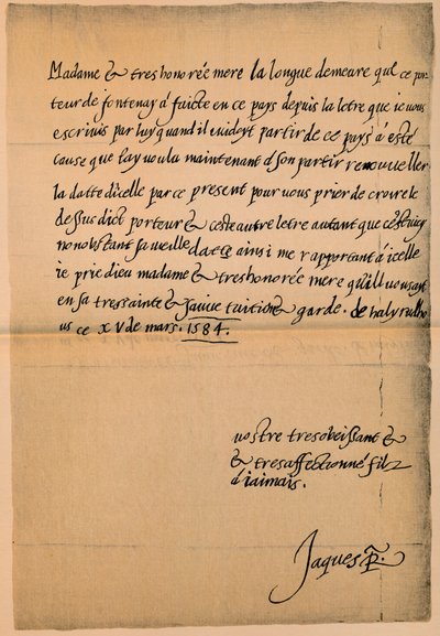 رسالة من الملك جيمس السادس 1566-1625 إلى والدته الملكة ماري 1542-1587 ، 1584-5 بواسطة الملك جيمس الأول