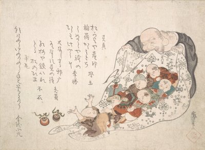 Hotei يفتح حقيبته المليئة بالأولاد الصغار ، كاليفورنيا. أوائل القرن التاسع عشر. بواسطة مركز البصي للرعاية النهارية