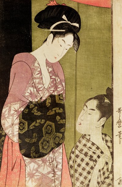 رجل يرسم امرأة (طباعة خشبية) بواسطة كيتاجاوا أوتامارو