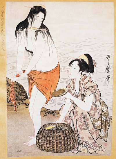 الأوابي (الرخويات) صيادون في الماء ، فن أوكييو-إي مطبوع بواسطة كيتاغاوا أوتامارو (1753-1806) ، نقش خشبي ، الحضارة اليابانية ، فترة إيدو بواسطة كيتاجاوا أوتامارو