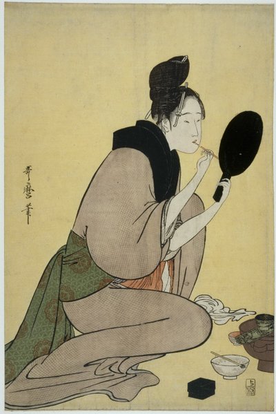 Bijin-ga. فتاة تضع المكياج على شفتيها بواسطة كيتاجاوا أوتامارو