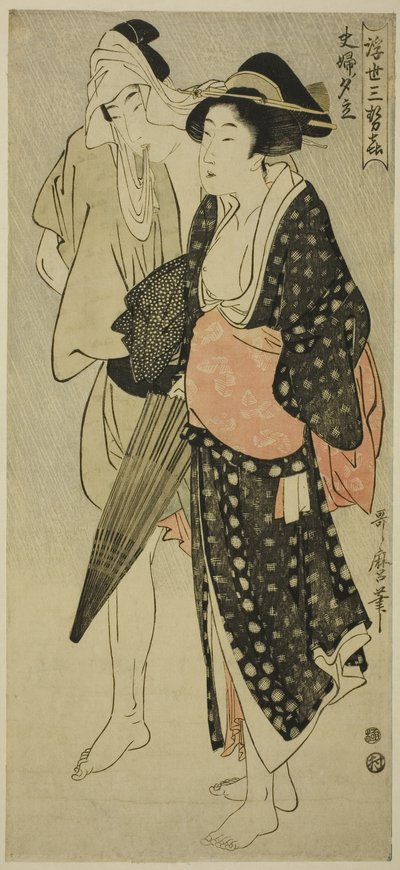 الزوج والزوجة اللذان قبض عليهما في حمام مسائي (Fufu no Yudachi) ، من سلسلة "ثلاث ملذات مسائية في العالم العائم" ("Ukiyo San Seki") بواسطة كيتاجاوا أوتامارو