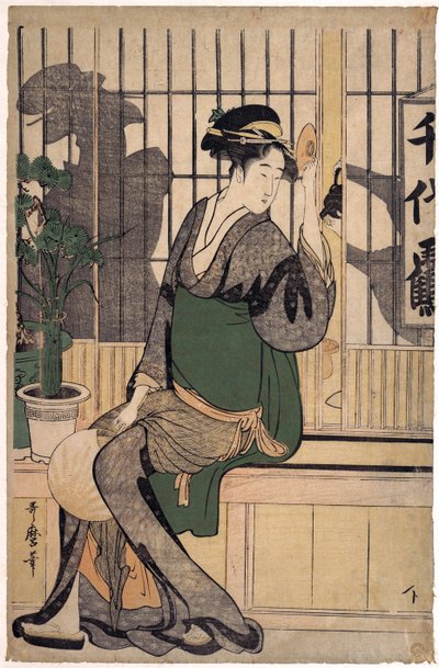 Amaison de Te Chiyozuru (ombre s r e shoji، paroi de papie r) -te chiyozuru te ahose (shado ws onte shoji) par Utamaro، Kitagawa (1753-) 1806) بواسطة كيتاجاوا أوتامارو