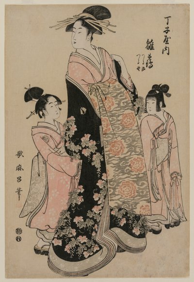 المحظية Hinazuru من Chojiya مع مضيفاتها Tsuruji و Tsuruno ، ج. 1794. بواسطة كيتاجاوا أوتامارو