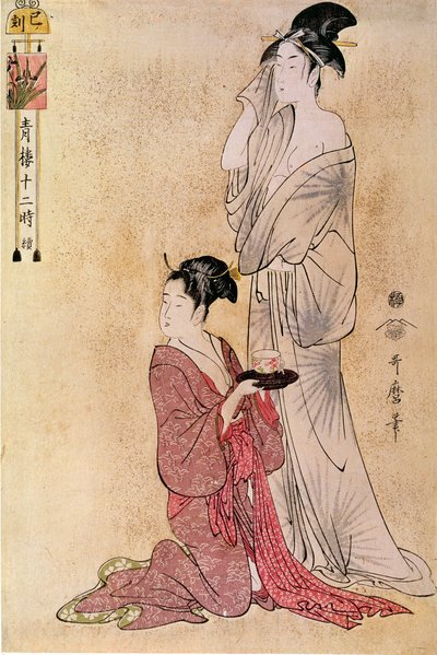 امرأة تساعد في مرحاضها بخادمتها اليابانية المطبوعة بواسطة أوتامارو كيتاجاوا (1753-1806). القرن ال 18. باريس ، متحف Guimet ، متحف الفنون الآسيوية بواسطة كيتاجاوا أوتامارو