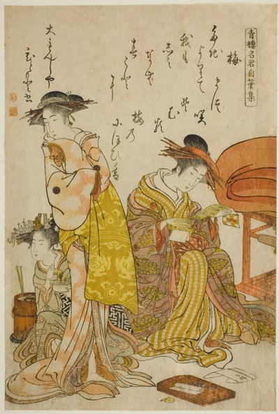 The Courtesan Hitomoto of the Daimonjiya ، من ألبوم "Comparing New Beauties of the Yoshiwara - A Mirror of their Own Writings (Keisei shin bijin awase jikihitsu kagami)" بواسطة Kitao Masanobu