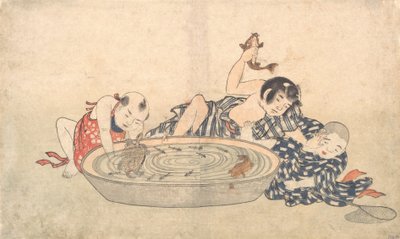 الأولاد يلعبون بحوض الأسماك والسلاحف ، أوائل القرن التاسع عشر. بواسطة Kitao Shigemasa